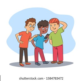 Multiracial boys friends group networking in social media via smartphone cartoon. Communication via internet. Network relationship. Chat, video, news view on mobile phone. Vector flat illustration