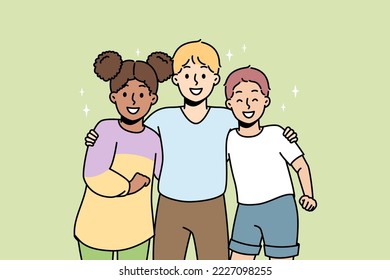 Multiracial boys, girl hug, smile. Children friends of different nationalities stand together. Multicultural schoolboys, schoolgirl studing at same school. Schoolchildren support vector concept.