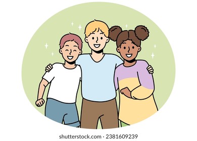 Multiracial boys, girl hug, smile. Children friends of different nationalities stand together. Multicultural schoolboys, schoolgirl studing at same school. Schoolchildren support vector concept.