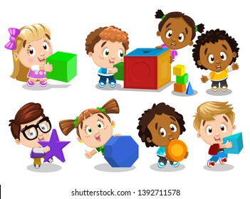 Multiracial boys and girls hold, play with big colour shapes. Inquisitive children select matching and study geometric figures. Cartoon vector clip art set isolated on white background.