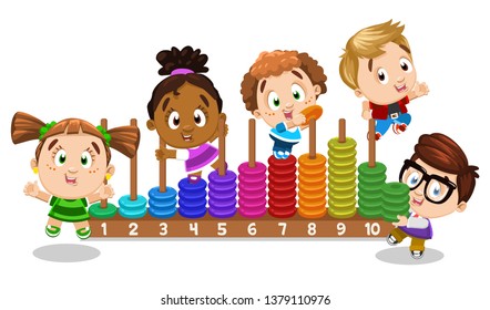 Multiracial boys and girls learning numbers with toy colour rings. Little children playing with pyramid and counting. Early childhood education. Cartoon vector illustration isolated on white.