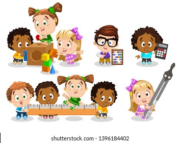 Multiracial boys and girls learning to use school supplies and studying geometric figures. Little kids playing with stationery and colour blocks. Back to school. Vector cartoon clipart set on white.