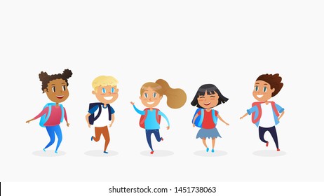 Multiracial boys and girls with schoolbags running to school. Back to school concept.