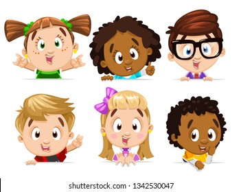 Multiracial boys and girls waving hands, jumping up, peeping out, support head by hand, showing hand gestures: thumb up, like, victory, peace, sign of the horns. Cartoon set isolated on white.