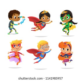 Multiracial Boys and Girls, wearing colorful costumes of various superheroes, isolated on white background. Cartoon vector characters of Kid Superheroes, for party, invitations, web, mascot.