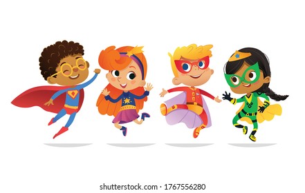 Multiracial Boys and Girls, wearing colorful costumes of superheroes, happy jump. Cartoon vector characters of Kid Superheroes, isolated on white background. for party, invitations, web, mascot