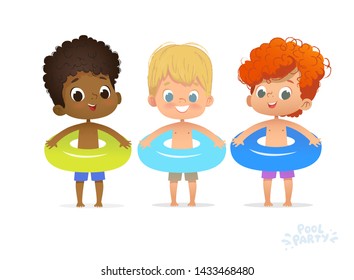 Multiracial Boys in inflatable circle. Kid Friend Relax at Summer Multiracial Pool Party with Inflatable Ring. Beach Boy Character Isolated. Birthday Vacation Flat Cartoon Vector Illustration