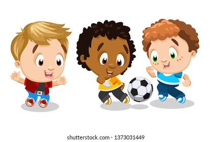 Multiracial boys play football. Little happy children enjoy soccer. Concept of kid`s hobby, pastime, happy healthy sporting childhood. Vector cartoon illustration isolated on white background.