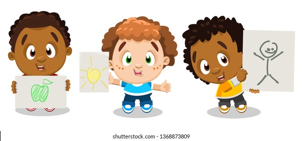 Multiracial boys showing his pencil drawings. Little children bragging about pictures with stick figure, sun, apple in coloured pencils. Cartoon set of children`s hobby, isolated on white.