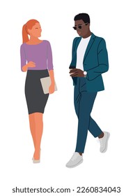 Multiracial Business couple. Black Businessman and blonde businesswoman walking.