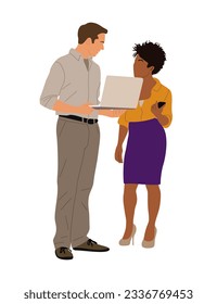 Multiracial Business couple working together at laptop. Black girl and white man in smart casual office outfit standing with computer. Vector realistic illustration isolated on white background