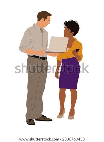 Multiracial Business couple working together at laptop. Black girl and white man in smart casual office outfit standing with computer. Vector realistic illustration isolated on white background