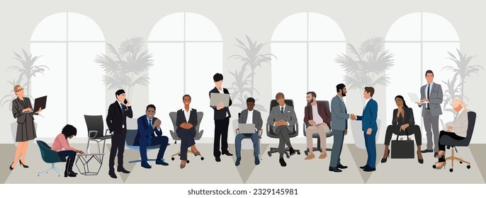 Multiracial business people take part in meeting, discussion, conference. Set of different man and woman in formal outfits sitting, standing, working at laptop computer. Vector realistic illustration