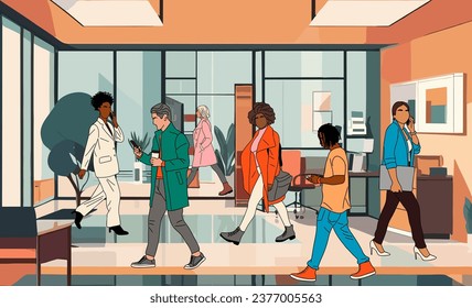 Multiracial business people walking in office hall