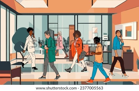 Multiracial business people walking in office hall