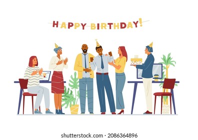 El equipo de negocios multirracial celebra el cumpleaños de su colega en la ilustración vectorial plana de la oficina. Hombres y mujeres alegres felicitan a sus compañeros de trabajo, aplaudiendo, trayendo torta de cumpleaños. 