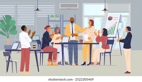 Multiracial business team celebrates successful project in the open space office flat vector illustration. Cheerful colleagues congratulate each other, shking hands, applauding, showing thumbs up. 
