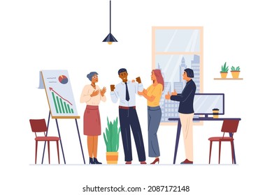 Multiracial business team congratulates colleague with successful project flat vector illustration. Cheerful men and women celebrating, applauding, showing thumbs up. Office interior.