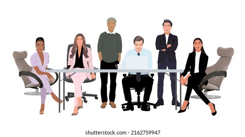 Equipo de negocios multirracial reuniéndose. Varios hombres de negocios y mujeres de negocios sentados y parados detrás de la oficina. Concepto empresarial ilustración vectorial plana aislada en fondo blanco. 