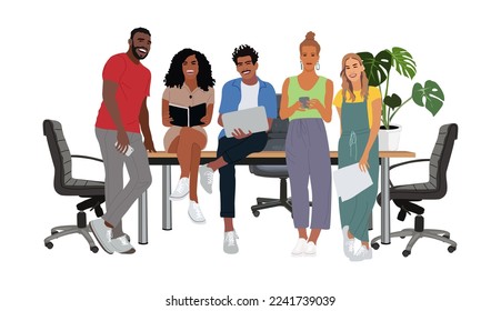 Multiracial business team. Men and women sitting at desk and standing in modern office, working together. Effective and productive teamwork. Colorful vector realistic illustration isolated on white