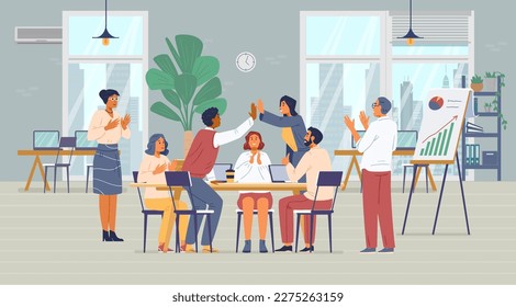 Multiracial business team in the office celebrates successful project  flat vector illustration. Cheerful colleagues congratulate each other, applauding, giving hight five. Office interior.