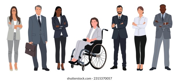 Multiracial business team. Vector realistic illustration of diverse cartoon men and women of various ethnicities, ages in formal suits. Isolated on white background. Inclusive business concept.