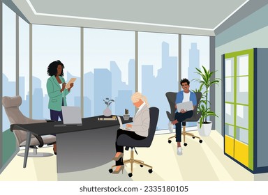 Multiracial business team. Young Man and women sitting at desk, standing in modern office, working together. Effective and productive teamwork. Vector realistic illustration. Business scene