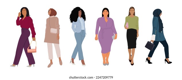 Multiracial Business women collection. Vector illustration of diverse multinational standing, walking cartoon women different races, ages, body types in office outfits. Isolated on white background.