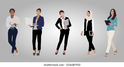 Multiracial business women. European, Asian, Afro American and Muslim young attractive girls standing with laptops and tablets wearing formal and smart casual clothing.  Vector illustration isolated.