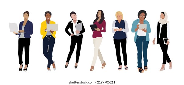 Mujeres empresarias multirraciales. Jovencitas atractivas europeas, asiáticas, afroamericanas y musulmanas con portátiles y tablets vestidas con ropa formal e inteligente informal. Ilustración vectorial aislada.