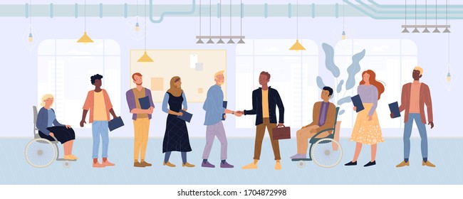 Multiracial Businessmen Shaking Hands. International Negotiation, Company Merger, Acquisition, Collaboration, Cooperation, Partnership, Good Deal, Expansion Of Influence Vector Flat Illustration.