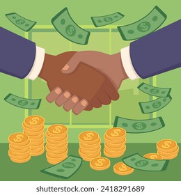 Multiracial businessmen shaking hands vector illustration. Coins and banknotes on background. Partnership, agreement, business, profit concept