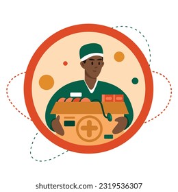 Multiracial cartoon character volunteering. Young American doctor holding gift box with donations. Social active youth and charity. Helping others. Humanitarian aid organization. Vector