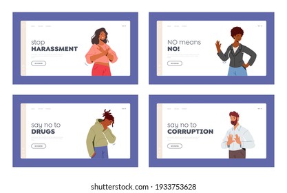 Multiracial Characters Showing Refusal or Stop Gesture Landing Page Template Set. People Expressing Negative Emotions, Say No, Communication, Disagree Feelings Gesturing. Cartoon Vector Illustration