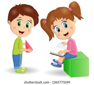 Multiracial children build tower with blocks. Kids play using kit with bright colored cubes. Montessori materials concept.