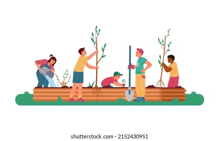 Multiracial children gardening together planting and watering trees flat vector illustration.