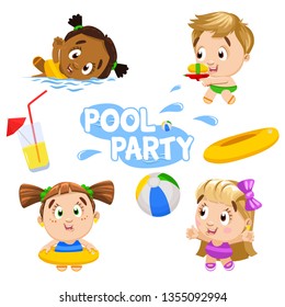 Niños multirraciales divirtiéndose en la fiesta de la piscina. Muchacho y muchacha nadando, jugando con pelota, pistola de agua, anillo inflable, riendo, bebiendo jugos. Concepto de vacaciones de verano. Pieza vectorial de caricatura.