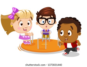 Multiracial Children Playing On Merry Go Round. Little Boys And Girl Standing On Carrousel. Cute Kids Spending Time In Amusement Park, Playground. Vector Cartoon Clip Art Isolated On White Background.