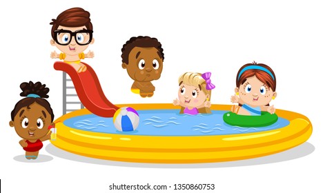 Multiracial children playing in swimming pool with slippery dip, toys, ball. Girls and boys floating on inflatable ring, laughing, drinking juice. Concept of summer holidays. Cartoon vector clipart.