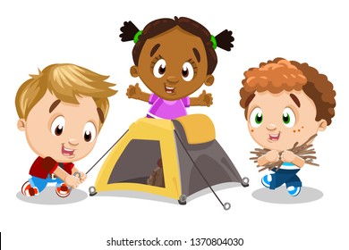 Multiracial children preparing campsite. Boys and girl setting up a tent, collecting firewoods for bonfire. Hiking, camping at weekend concept. Vector cartoon clipart isolated on white background.