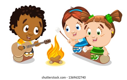 Multiracial children sitting near campfire. Boy and girls having fun, playing guitar and singing, roasting marshmallows on bonfire. Music festival, camping at weekend concept. Vector cartoon isolated on white.