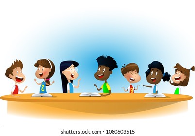 Multiracial children studying, reading books and discuss them. Kids talking to each other at school library. Cartoon vector illustration