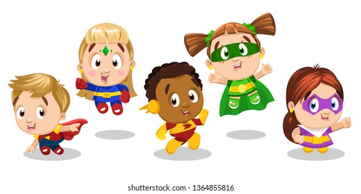 Multiracial children, wearing colorful costumes of superheroes. Cartoon vector characters of Kids Superheroes, isolated on white background. for party, invitations, web, mascot - Vector illustration
