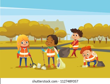 Multiracial children wearing orange vests collect rubbish for recycling, Kids gathering plastic bottles and garbage for recycling. Boy throws litter into bin. Early childhood education.Vector