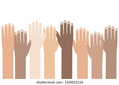 Multiracial Colorful Peoples' Hands Raised. Vector illustration of Human Rights Day background.