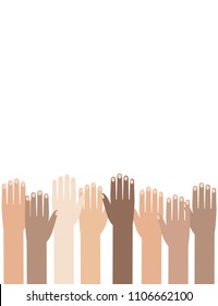 Multiracial Colorful Peoples' Hands Raised. Vector illustration of Human Rights Day background.