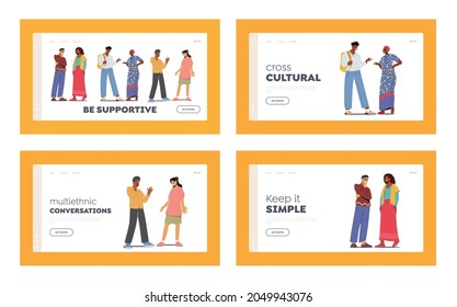 Conjunto de plantillas de la página de inicio de comunicación multiracial. Parejas multiétnicas hablando o hablando. Encuentro de personas, hombres y mujeres que hablan. Diálogo de personajes masculinos y femeninos. Ilustración del vector de dibujos animados