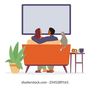 Multiracial couple with a cat watching TV together sitting on the couch flat vector illustration. View from the back.