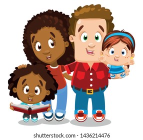 Multiracial couple with caucasian man and afro-american woman standing with kids. Young husband keeping little daughter in arms and hugging wife who patting on head his son