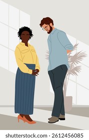 Multiracial couple, caucasian man and black woman standing in a room. The man is wearing glasses and the woman is wearing a yellow shirt. Colorful flat vector illustration